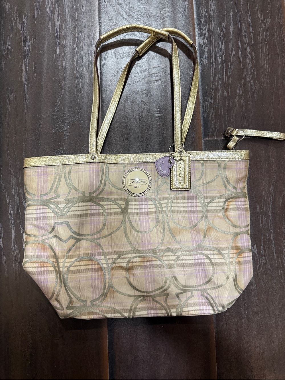 Coach Metallic Gold and Pink Signature Plaid Tote